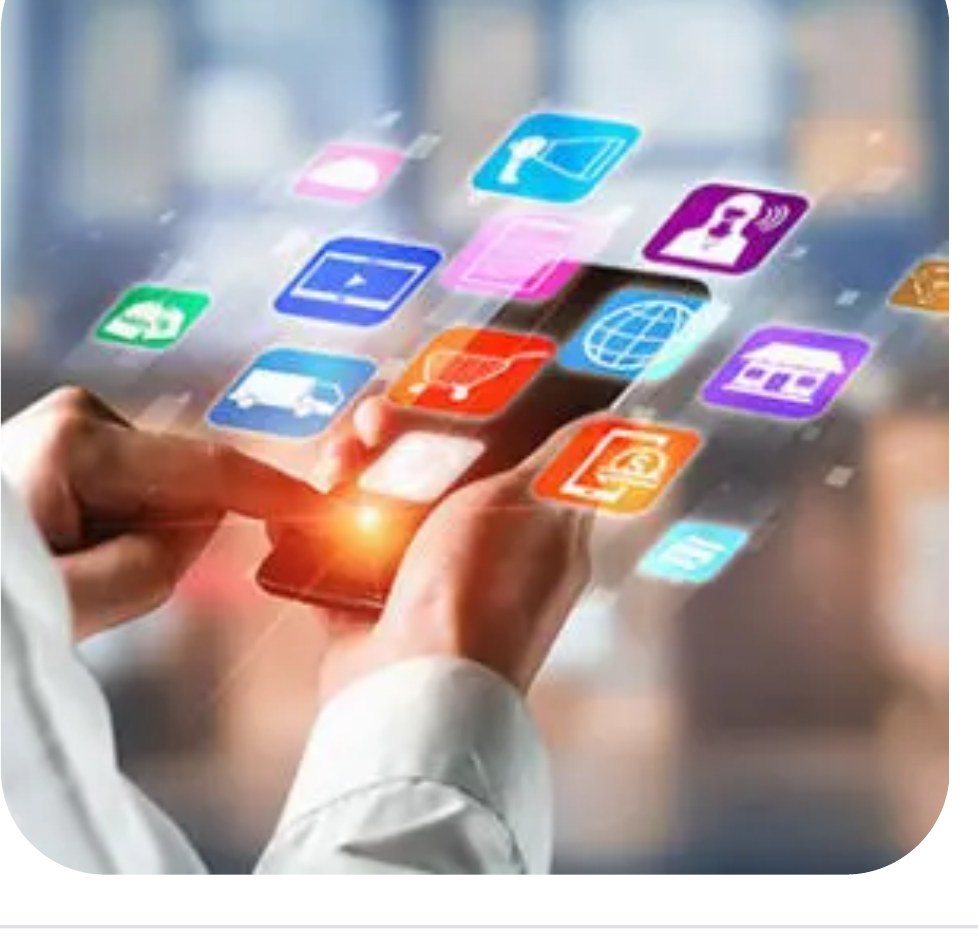 Hand holding a phone surrounded by colourful app icons