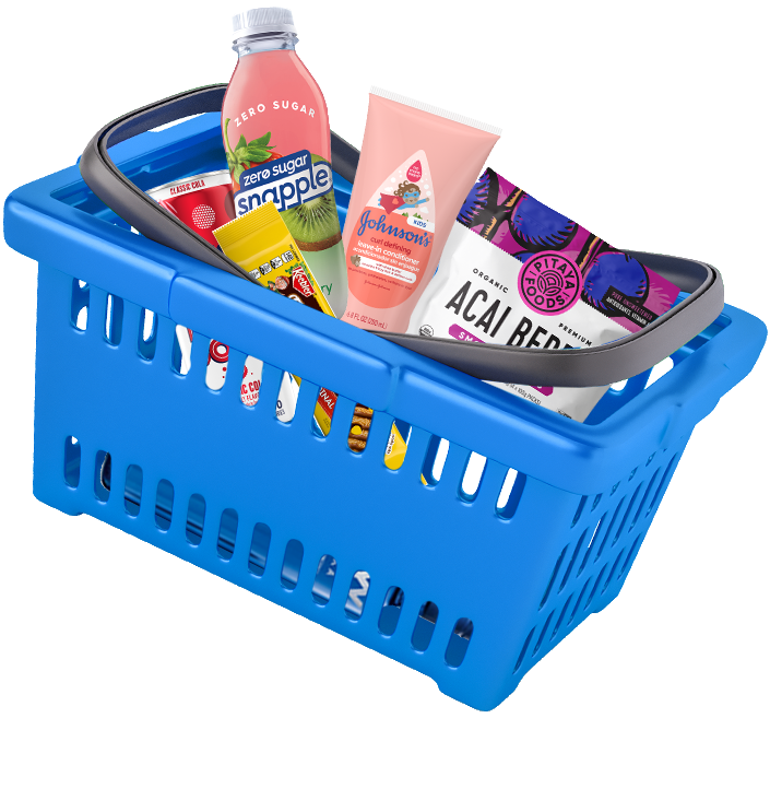 Blue shopping basket full of groceries